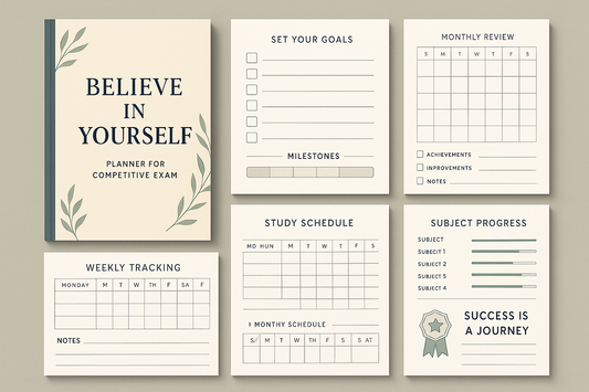 Custom-designed planners featuring quotes, goal-setting templates, and progress tracking for competitive exams.