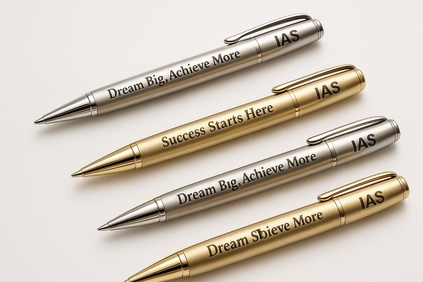Engraved pens with motivational messages or "IAS" branding.